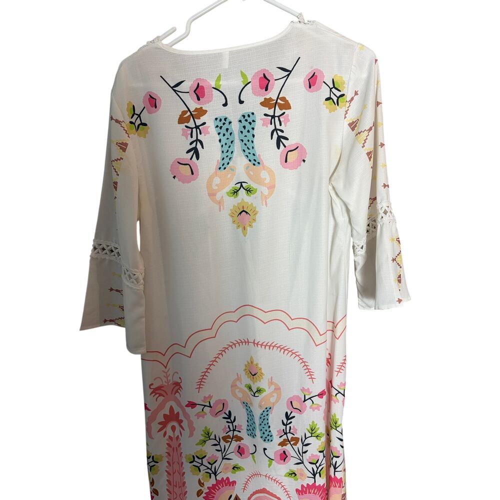 Boho Floral Babydoll Tunic Dress White Embroidered Lace V Neck Medium Festival - Picture 5 of 6